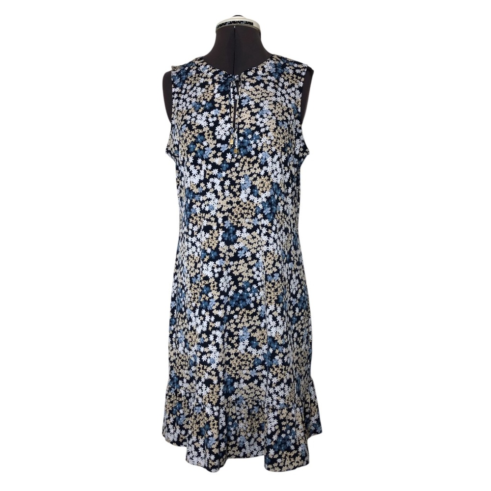 Michael Kors Stretchy knit Blue Tan White Floral Print Ruffle Hem Mini Dress M